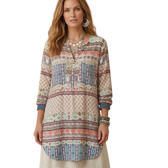 fig and flower Tops - FIG AND FLOWER Kendra Mixed Print Boho Tunic Top Large Anthropologie
